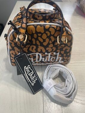 Von Dutch Brown Leopard Print Mini Satchel with White Logo